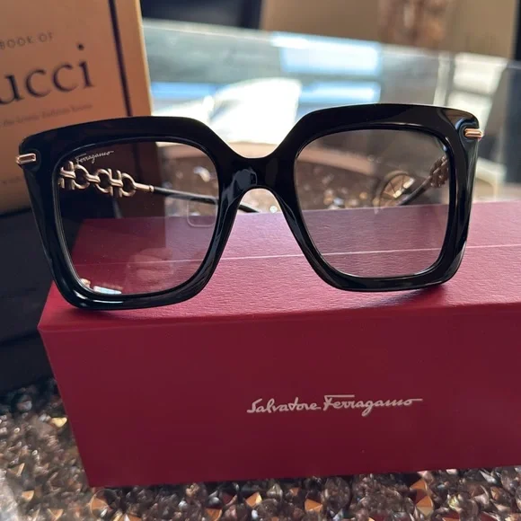 Salvatore Ferragamo Black Square Silver Hardware Sunglasses, New In Box - Picture 3 of 8